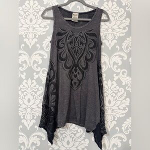 Vocal Crystal Mineral Embellished Mesh Detail Fleur De Lis Tank Tunic Top